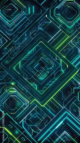 Abstract Futuristic Circuit Board Design Neon Green Teal Lines Digital Technology Background Wallpaper