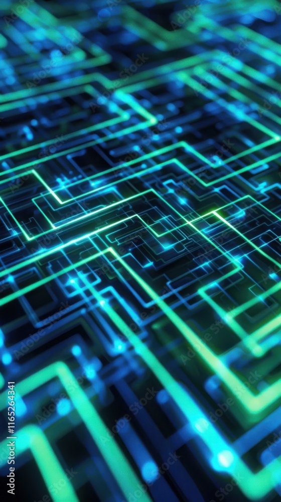 Abstract Digital Circuit Board Background Green and Blue Neon Lights Technology Concept Futuristic Network Design