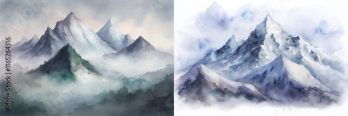 Atmospheric watercolor mountains shrouded in mist, showcasing a blend of soft colors and serene beauty.