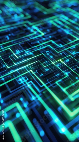 Obraz na płótnie Abstract Digital Circuit Board Background Green and Blue Neon Lights Technology Concept Futuristic Network Design w salonie