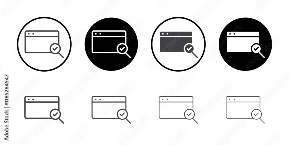 Web page with a magnifying glass and check mark icon simple vector symbol Web page with a magnifying glass and check mark icon simple vector symbol