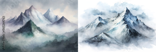 Ethereal mountain landscape with misty peaks and soft watercolor tones, inviting viewers to explore nature's beauty.
