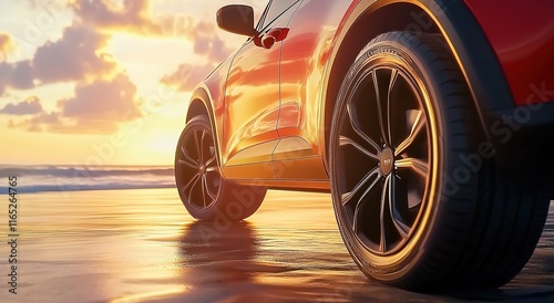 Close-up of a red SUV car with black wheels on a beach at sunset.