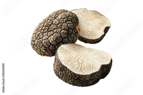 Fresh black Himalayan truffles isolated on white transparent background, great for culinary and gourmet themes. photo