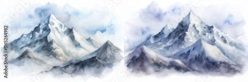 Majestic mountain peaks enveloped in soft mist, rendered in delicate watercolor tones for a serene effect.