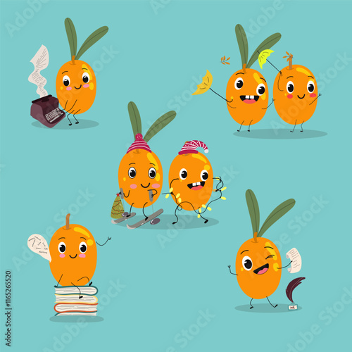 Sea buckthorn, funny berry, fruit cute cheerful characters. Vector hand drawn illistration.