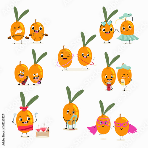Sea buckthorn, funny berry, fruit cute cheerful characters. Vector hand drawn illistration.