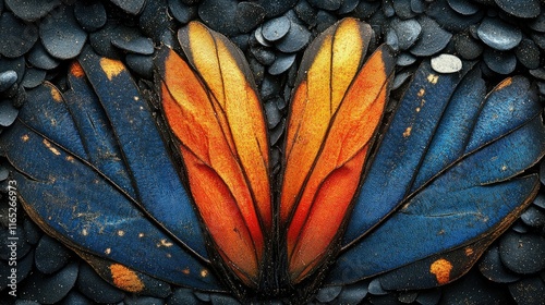 Intricate, symmetrical, colorful insect wings, arranged on a dark textured surface. photo