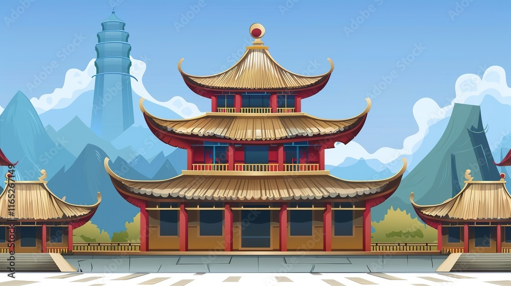 Naklejka premium digital painting ancient chinese architecture