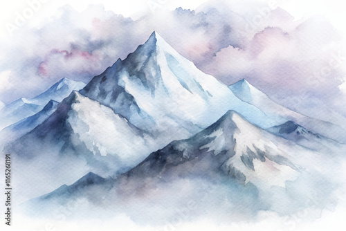 Vibrant watercolor scene of towering mountains with soft clouds and a hint of pink hues.