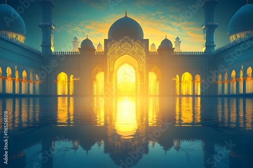 Majestic Mosque at Sunset Golden Light Reflecting in Water photo