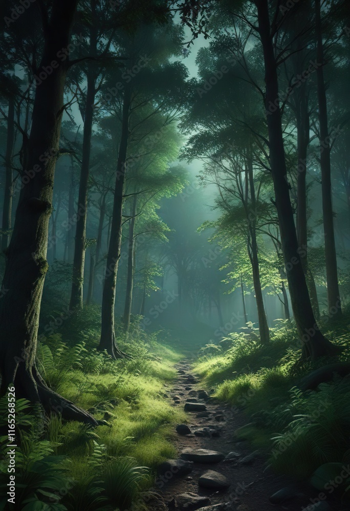 Fototapeta premium nocturnal forest with blended shades of green, midnight green, myrtle green, grainy background