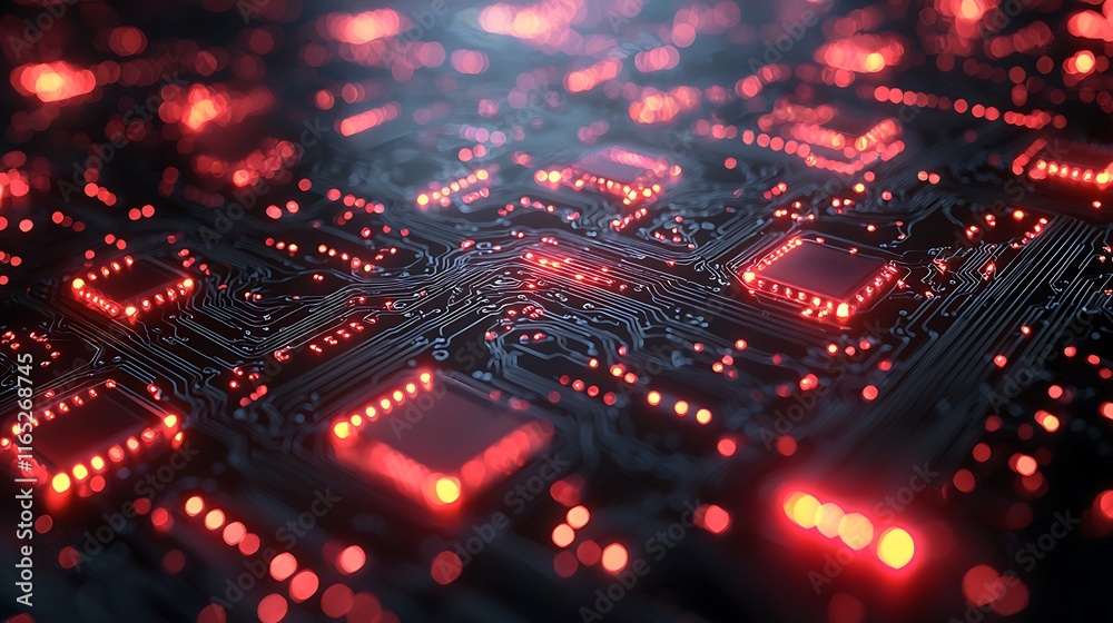 Close-up of a circuit board with illuminated microchips and pathways, glowing red in the dark. Close-up of a circuit board with illuminated microchips and pathways, glowing red in the dark.