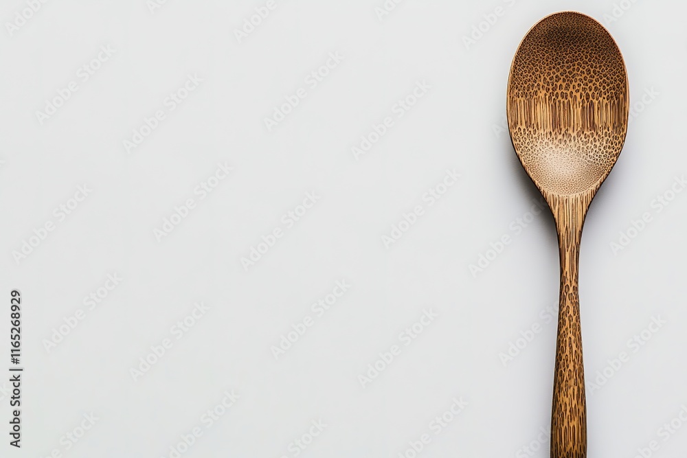single wooden spoon with smooth finish resting on plain white background for natural aesthetic single wooden spoon with smooth finish resting on plain white background for natural aesthetic