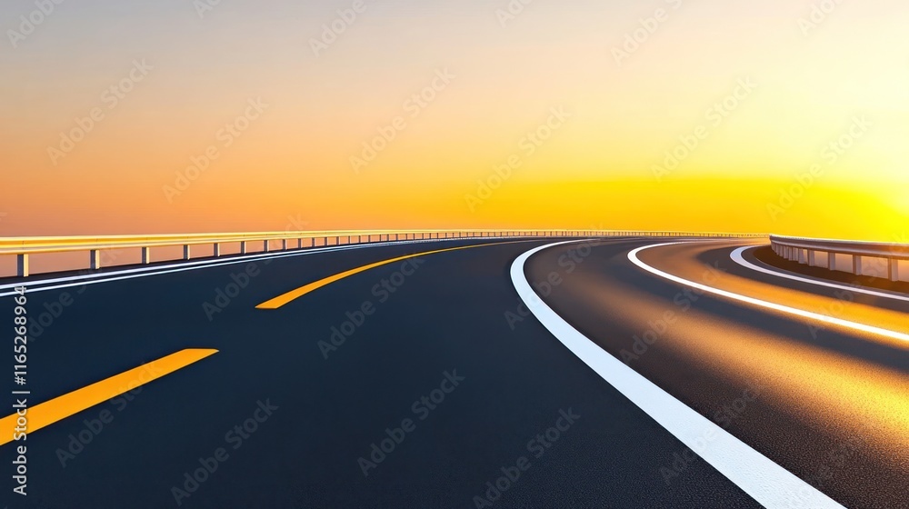 Naklejka premium Curved road at sunset with vibrant colors and smooth asphalt surface.