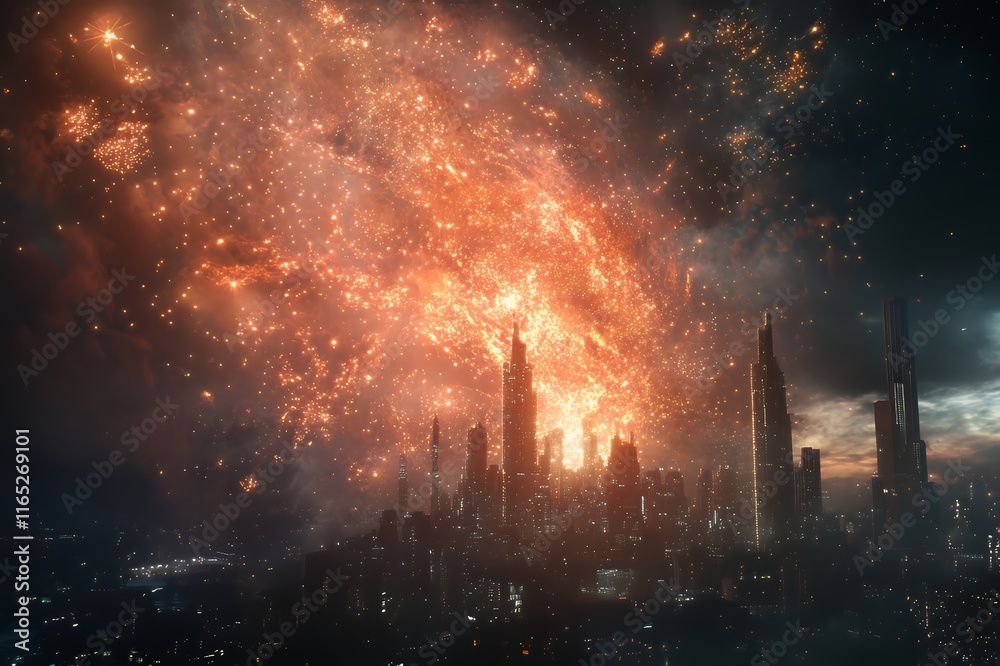 Fototapeta premium Futuristic Cityscape Illuminated By A Spectacular Fireworks Display