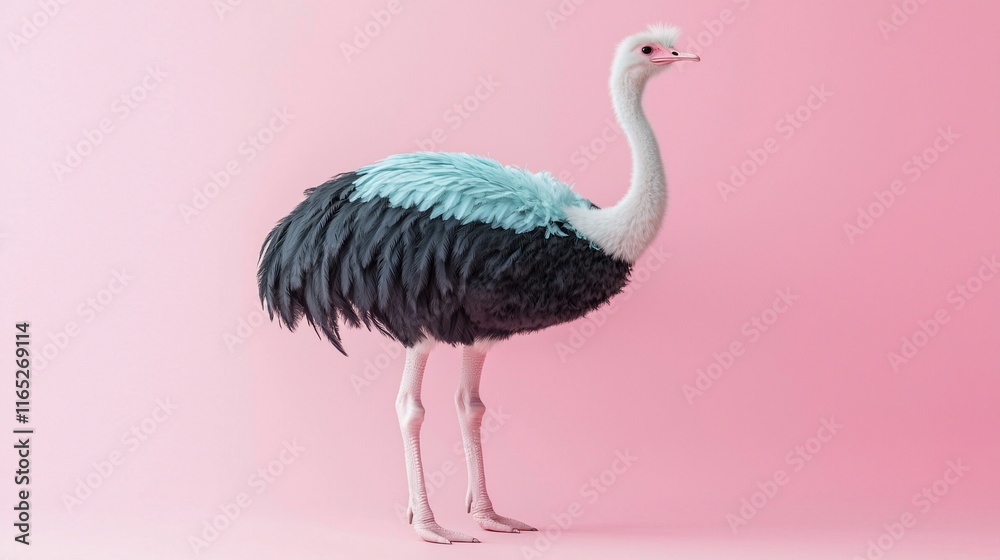 Fototapeta premium Pastel-colored ostrich on pink background.