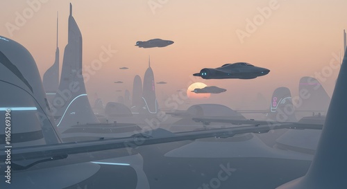 Futuristic cityscape at sunset with sleek skyscrapers and flying vehicles. Ideal for sci-fi book covers, tech company branding, digital backgrounds, or futuristic concept art.