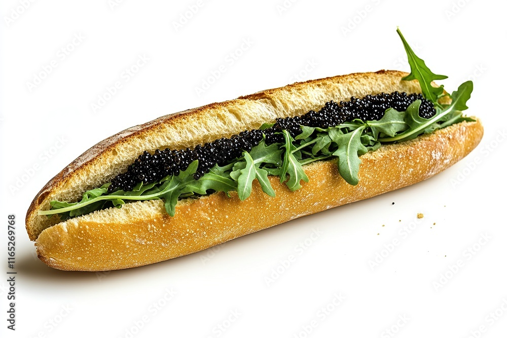 A baguette sandwich with black caviar and arugula, isolated on a white background