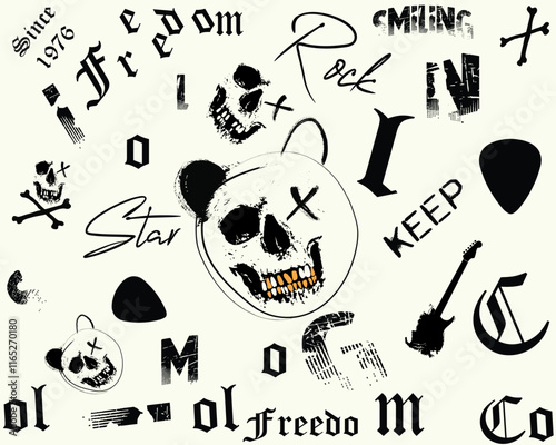 rock star Seamless pattern,hand drawn Bear head with paint brush strokes ,Seamless pattern with human skulls, ROCKSTAR slogan skull. graffiti slogan print.eps