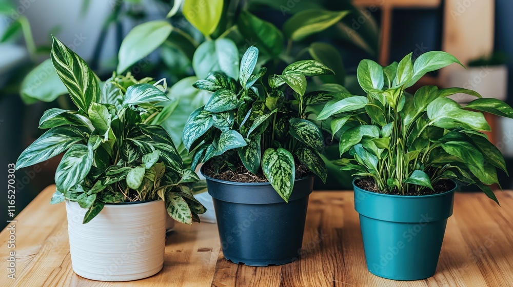 Fototapeta premium Lush Indoor Plants in Beautiful Pots on Wooden Table Surrounded by Greenery