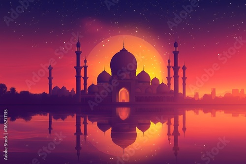 Majestic Mosque Silhouette at Sunset Reflected in Water photo