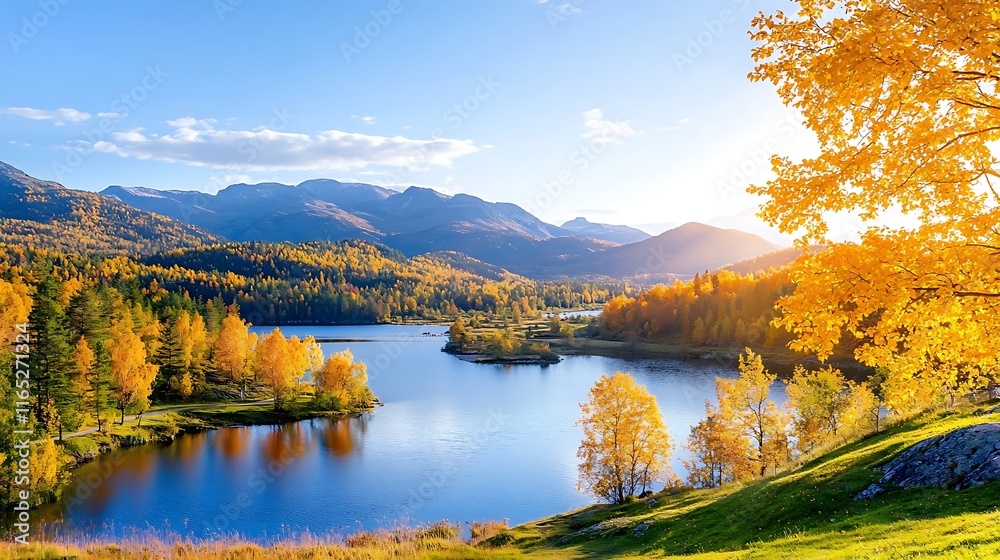 Scenic autumn landscape tranquil lake reflecting golden trees and mountains under a bright sun. Scenic autumn landscape tranquil lake reflecting golden trees and mountains under a bright sun.