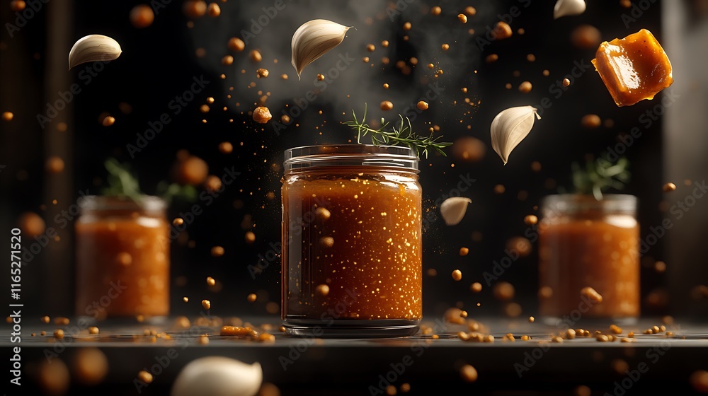 Garlic Sauce Explosion: A captivating image of a jar filled with a rich, orange sauce, surrounded by a dramatic explosion of garlic cloves, herbs, and sauce droplets. Garlic Sauce Explosion: A captivating image of a jar filled with a rich, orange sauce, surrounded by a dramatic explosion of garlic cloves, herbs, and sauce droplets.