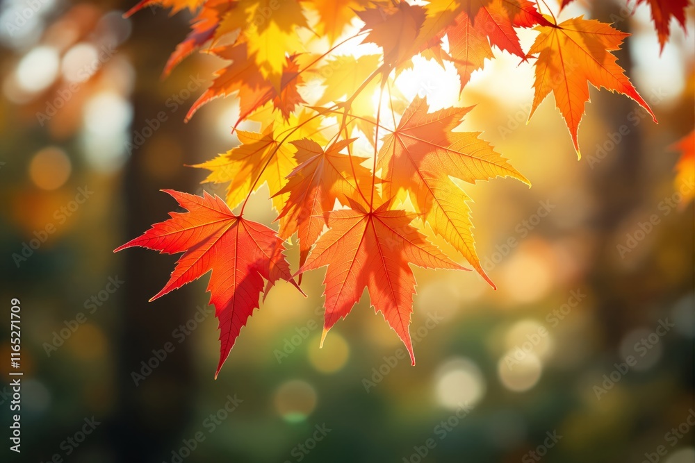 Close-up of colorful autumn maple leaves in vibrant orange and red hues, glowing in sunlight against a blurred forest background. Concept of fall. Ai generative Close-up of colorful autumn maple leaves in vibrant orange and red hues, glowing in sunlight against a blurred forest background. Concept of fall. Ai generative