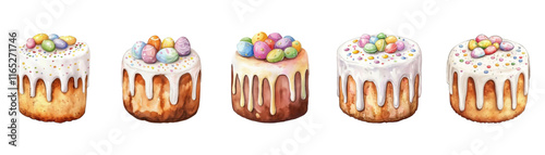 Watercolor set of Easter cakes png. Easter cakes covered with glaze and decorated with decorative eggs. Happy Easter. Watercolor Easter elements.