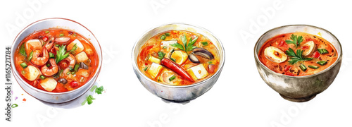 Watercolor set of tom yam soup bowls. Asian tom yam soup with shrimp and hot red pepper. Asian food watercolor on a prosaic background. Vector illustration.