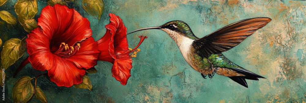 Fototapeta premium Stunning Hummingbird Feeding from Vibrant Red Hibiscus