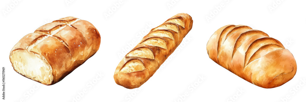 Watercolor set of baked wheat bread. Fragrant freshly baked bread and loaf in watercolor on a transparent background. Baking and rural products concept. Vector illustration. Watercolor set of baked wheat bread. Fragrant freshly baked bread and loaf in watercolor on a transparent background. Baking and rural products concept. Vector illustration.