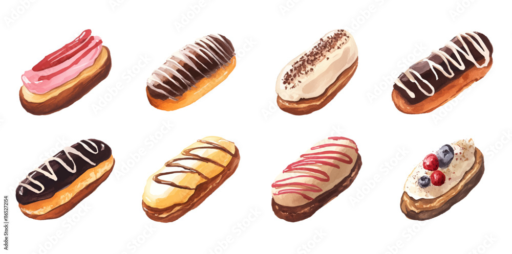 Watercolor set of eclair cakes png. Various eclair cakes with chocolate glaze, chocolate sprinkles, berries and others. Fragrant creamy desserts watercolor. Watercolor set of eclair cakes png. Various eclair cakes with chocolate glaze, chocolate sprinkles, berries and others. Fragrant creamy desserts watercolor.
