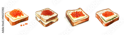 Set of watercolor sandwiches with red caviar. White bread with butter and red lightly salted salmon caviar. Sandwiches with seafood. Vector illustration.