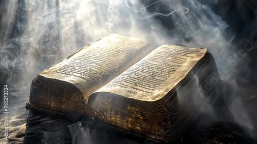 A scene where light falls on the cover of an old Bible