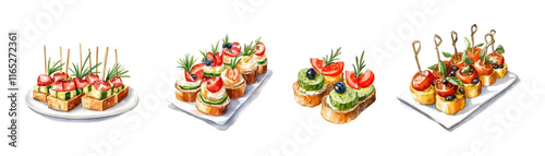 Watercolor set of festive sandwiches and canapes for a buffet. Sandwiches with bread, meat and vegetables decorated with rosemary branches. Elements for a festive buffet watercolor.