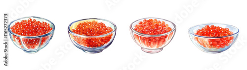 Watercolor set of glass bowls with red caviar png. Lightly salted red caviar of pink salmon, catfish, salmon, etc. Seafood. Concept of lightly salted seafood.