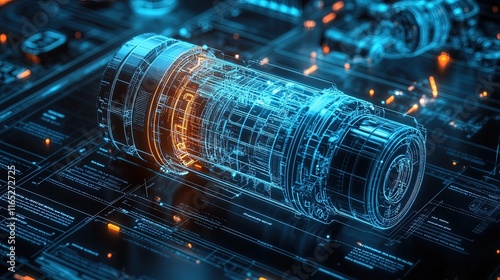 3D holographic blueprint of an industrial robot, labeled parts and glowing details 