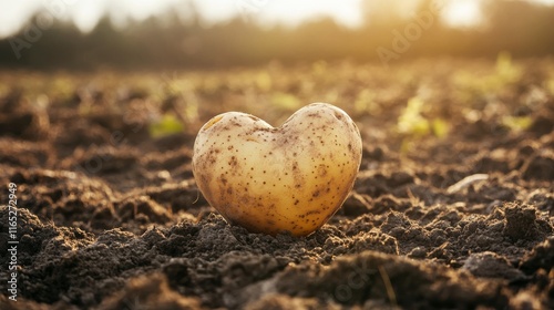 fresh potato in the shape of a heart in a field, light sunbeams, 16:9