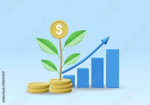 3D vector render illustration of financial growth concept icon. There is a tree growing from gold coins. Profitable Investment with increasing graph An increase in income or success in finances