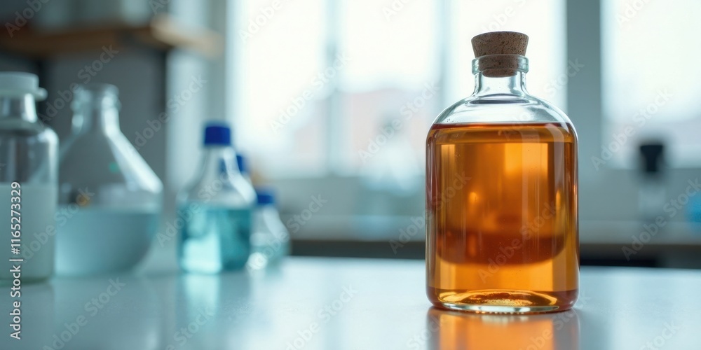 Amber liquid in a glass bottle on a lab counter Amber liquid in a glass bottle on a lab counter