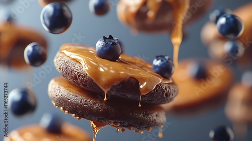 Decadent Chocolate Pancakes with Caramel Glaze and Blueberries 