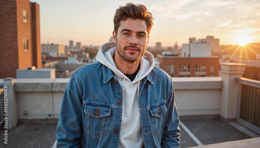 Fototapeta premium Smiling man enjoying sunset on urban rooftop