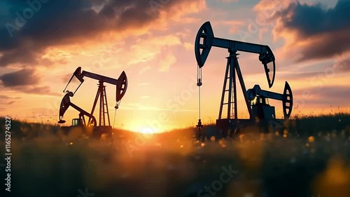 Golden Hour Oil Rigs: A dramatic silhouette of oil rigs pumping against a vibrant sunset, symbolizing the energy industry's enduring presence and impact.  