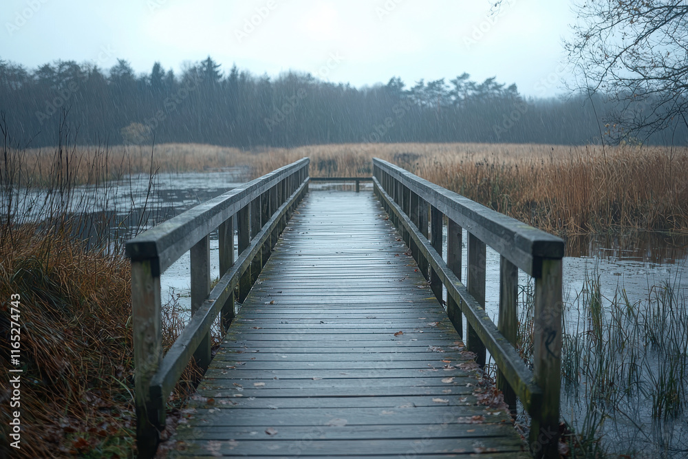 Naklejka premium Wooden footbridge crossing lake in rainy forest landscape