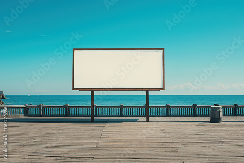 Large blank billboard displaying on pier overlooking beautiful blue ocean