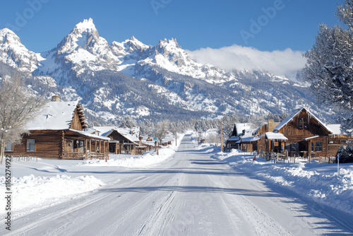 Snow covered street leading towards the grand teton mountains in winter