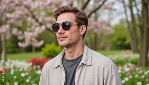 Man in sunglasses enjoying nature in floral garden