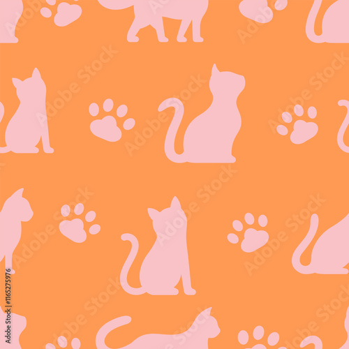 Seamless pattern with silhouette cat and paw on orange background vector illustration. Design for fabric, print, wrapping paper or print.